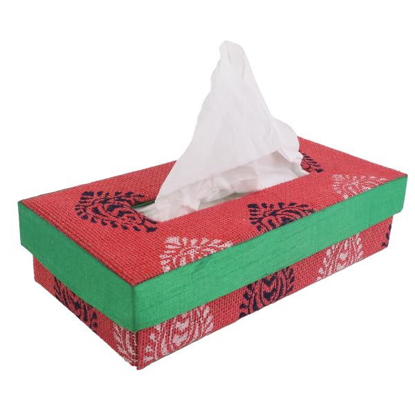 INDHA Tissue Box Jute Block Printed | Designer Hand Block Printed Tissue Box | Block Printed Design Tissue Box | Home Utility | Car Utility | Handmade | Gifting | Red Tissue Box | - Image 1