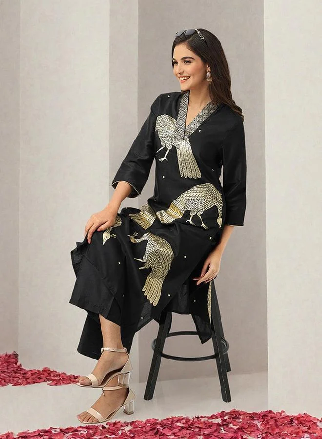 آي شين Women's Black Polyester Printed Tunic Top With Ankle Palazzo Straight 2 Peice Kurta Set
