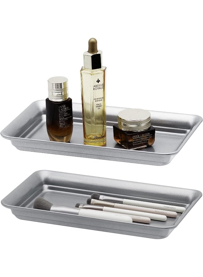 SheeChung Vintage Farmhouse Decor Metal Vanity Tray(2 Pack), Countertop Guest Hand Towel Storage Organizer Tray Dispenser, Sturdy Holder for Perfume, Cosmetics, Jewelry, Makeup Bathroom Organizer(Silver)  - Image 2