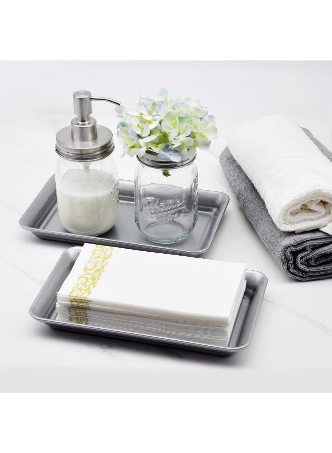 SheeChung Vintage Farmhouse Decor Metal Vanity Tray(2 Pack), Countertop Guest Hand Towel Storage Organizer Tray Dispenser, Sturdy Holder for Perfume, Cosmetics, Jewelry, Makeup Bathroom Organizer(Silver)  - Image 4