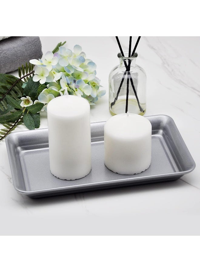 SheeChung Vintage Farmhouse Decor Metal Vanity Tray(2 Pack), Countertop Guest Hand Towel Storage Organizer Tray Dispenser, Sturdy Holder for Perfume, Cosmetics, Jewelry, Makeup Bathroom Organizer(Silver)  - Image 3