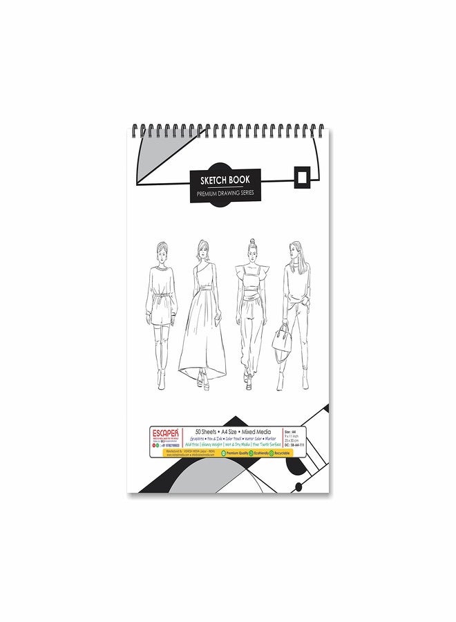 ESCAPER دفتر رسم أزياء ESCAPER - مقاس A4، 50 ورقة (100 صفحة) من ورق الفنانين الاحترافي لإبداعاتك الفنية - Image 1
