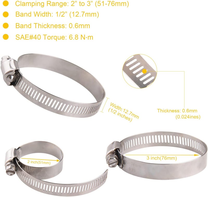 WIN-LONG Stainless Steel 2.5'' Hose Clamps, 10PK SAE 40 Worm Gear Hose Clamps Adjustable 2 Inch-3 Inch (51-76mm) for Automotive Plumbing, 2 1/2'', 2 3/4’’, 2 1/4'' Hose Clamps - Image 2