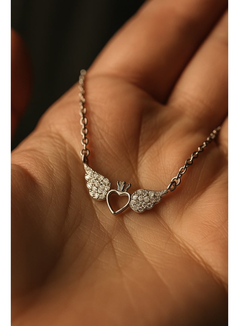 3Diamonds Women's Necklace with Heart and Wing Pendant – Platinum Plated – 3 Diamonds Brand - Image 2