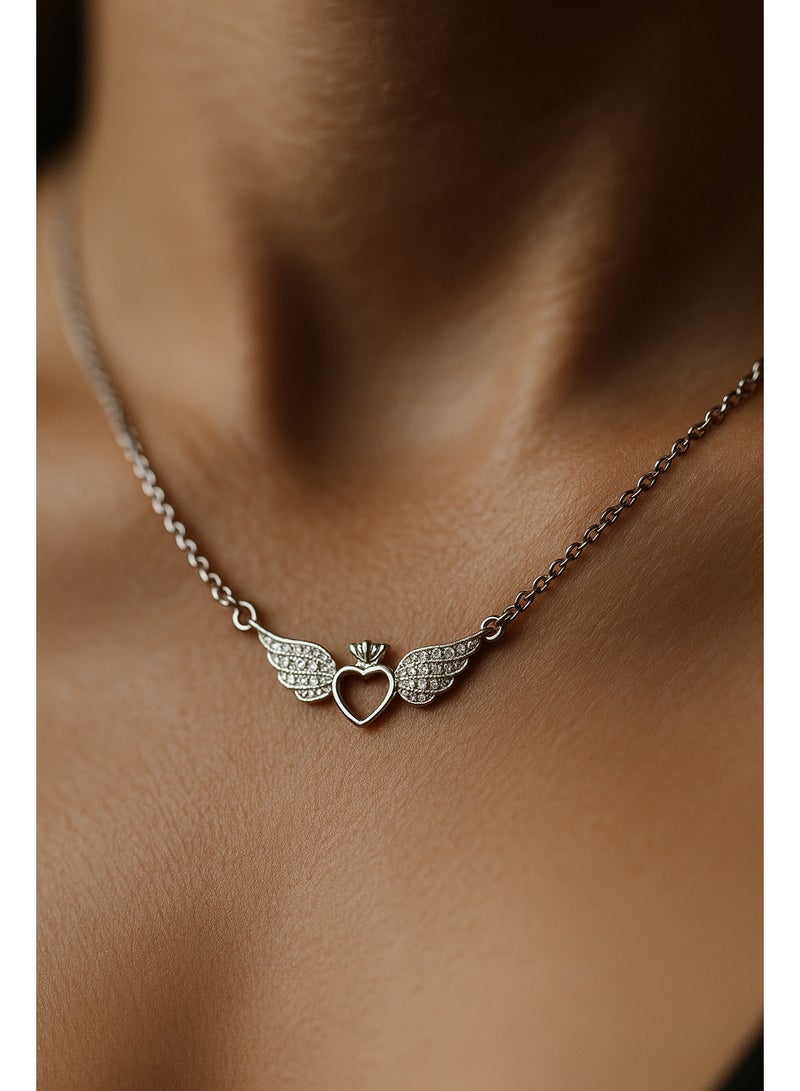 3Diamonds Women's Necklace with Heart and Wing Pendant – Platinum Plated – 3 Diamonds Brand - Image 3
