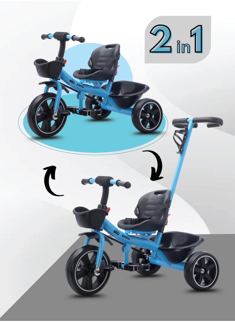 MG - Kids 2-in-1 Parental Push Handle Bike | 3-Wheel Toddler Bike with Front Basket & Rear Storage| Safety Belt | Anti-Slip Pedals | Sturdy Steel Frame | Fun Ride-On Toy For 1-5 Years - Image 1