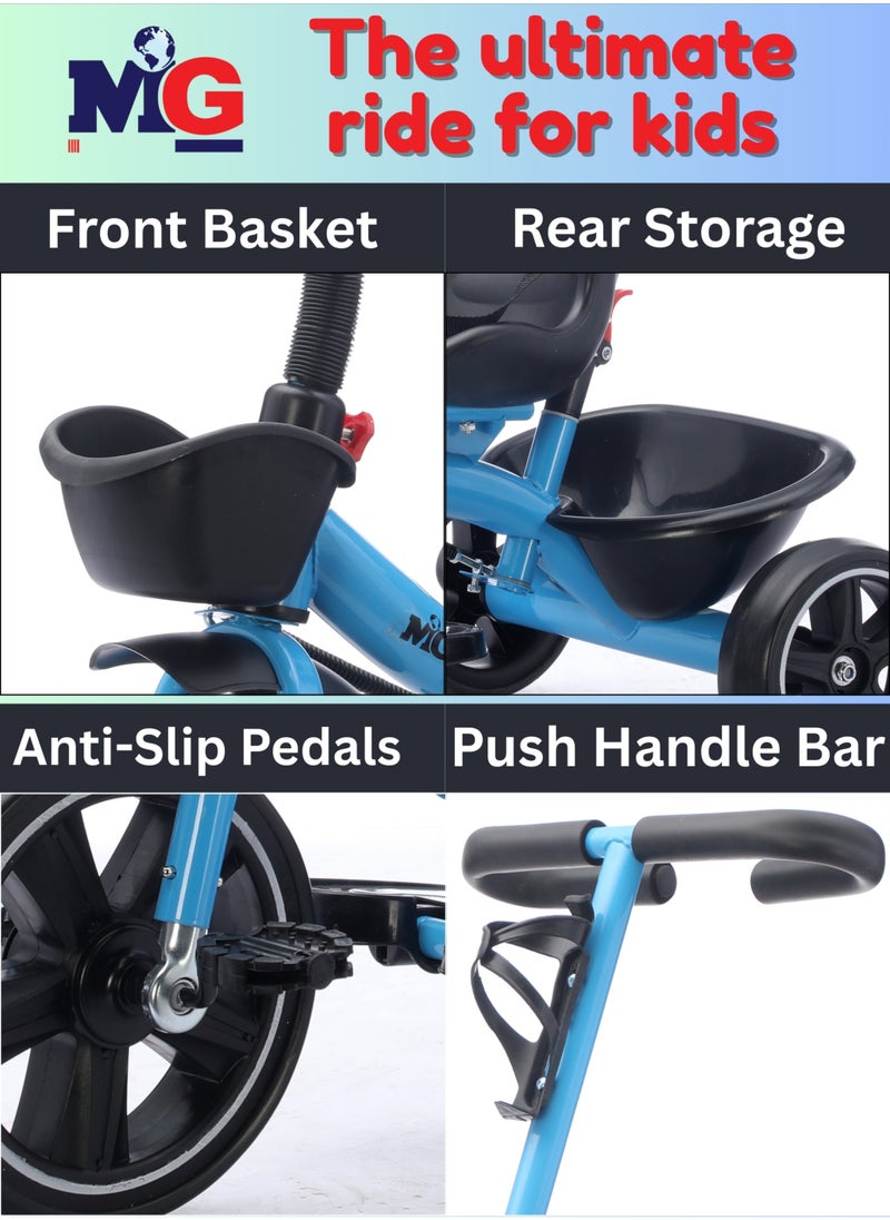 MG - Kids 2-in-1 Parental Push Handle Bike | 3-Wheel Toddler Bike with Front Basket & Rear Storage| Safety Belt | Anti-Slip Pedals | Sturdy Steel Frame | Fun Ride-On Toy For 1-5 Years - Image 1