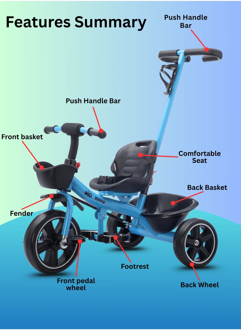 MG - Kids 2-in-1 Parental Push Handle Bike | 3-Wheel Toddler Bike with Front Basket & Rear Storage| Safety Belt | Anti-Slip Pedals | Sturdy Steel Frame | Fun Ride-On Toy For 1-5 Years - Image 1