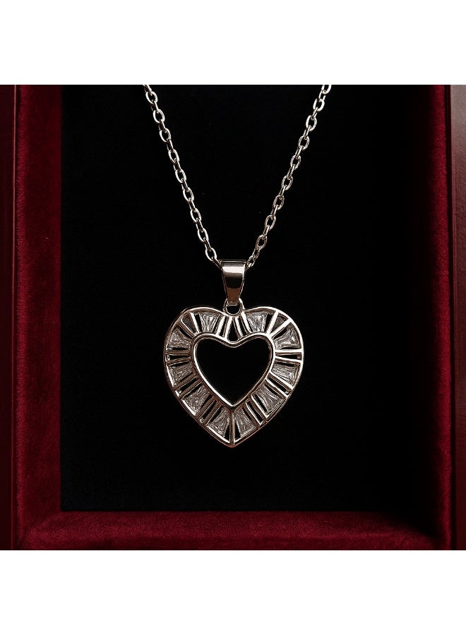 3Diamonds Geometric Heart Necklace – Platinum & Rhodium Plated – Silver Pendant with Baguette Crystals - Image 1