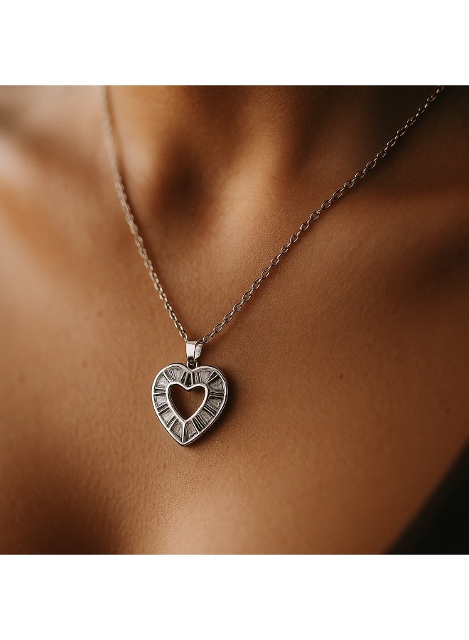 3Diamonds Geometric Heart Necklace – Platinum & Rhodium Plated – Silver Pendant with Baguette Crystals - Image 3