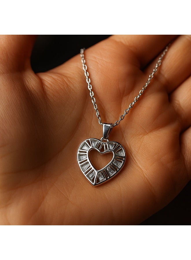 3Diamonds Geometric Heart Necklace – Platinum & Rhodium Plated – Silver Pendant with Baguette Crystals - Image 2