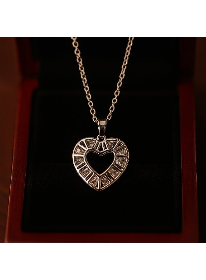 3Diamonds Geometric Heart Necklace – Platinum & Rhodium Plated – Silver Pendant with Baguette Crystals - Image 4