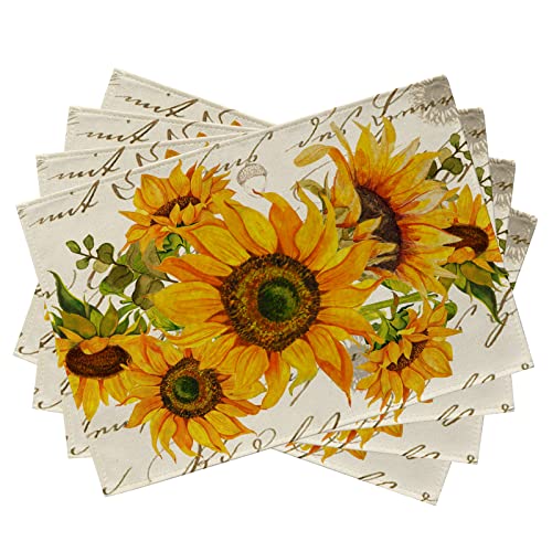 Seliem Fall Sunflower Placemats Set of 4 Spring Summer Yellow Floral Flowers Rustic Vintage Dining Table Place Mats Eucalyptus Leaves Seasonal Kitchen Decor Home Decoration 12 x 18 Inch