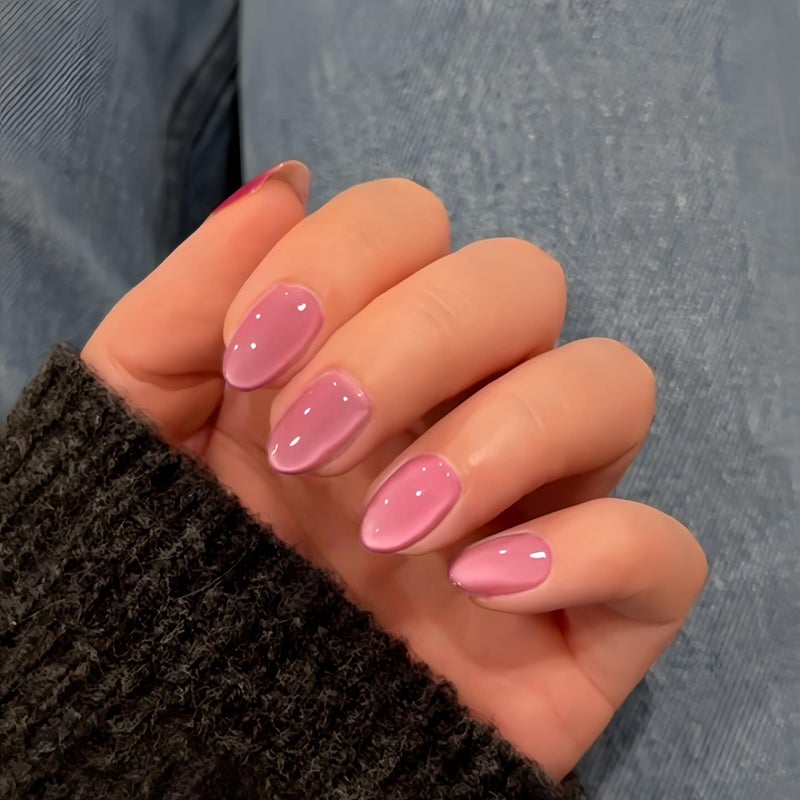 KQueenest Cat Eye Press on Nails Short Oval, 30 Pcs Baby Pink Fake Nails Extra Short Round, Glitter Glass Glue on Nails Almond, Reusable Shiny Chrome False Nails for Women Wedding Party Decoration - Image 1
