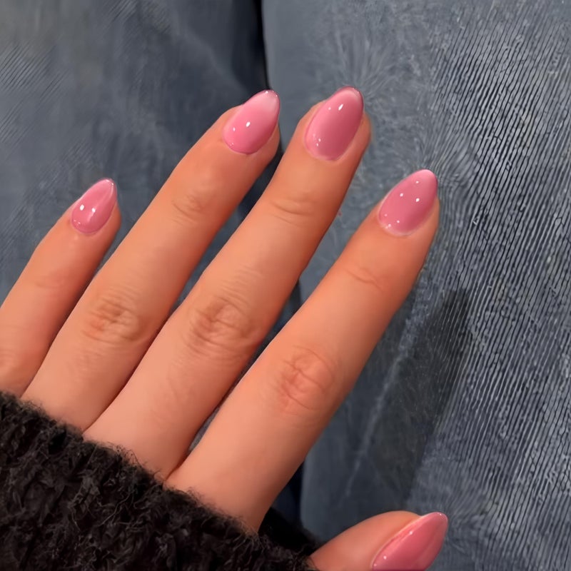 KQueenest Cat Eye Press on Nails Short Oval, 30 Pcs Baby Pink Fake Nails Extra Short Round, Glitter Glass Glue on Nails Almond, Reusable Shiny Chrome False Nails for Women Wedding Party Decoration - Image 2
