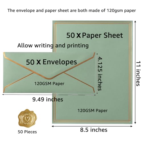 Topeen 50 Pack Stationery Set with Gold Border 10 Business Envelopes and 85x11 Paper Sheets and Stickers for Writing Letters SageGreen 85x11 Inches - Image 3