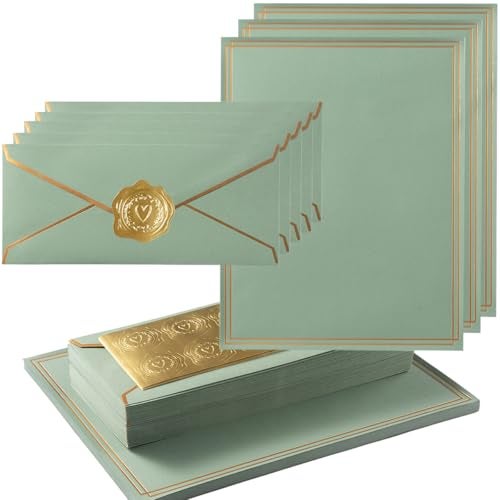 Topeen 50 Pack Stationery Set with Gold Border 10 Business Envelopes and 85x11 Paper Sheets and Stickers for Writing Letters SageGreen 85x11 Inches - Image 1