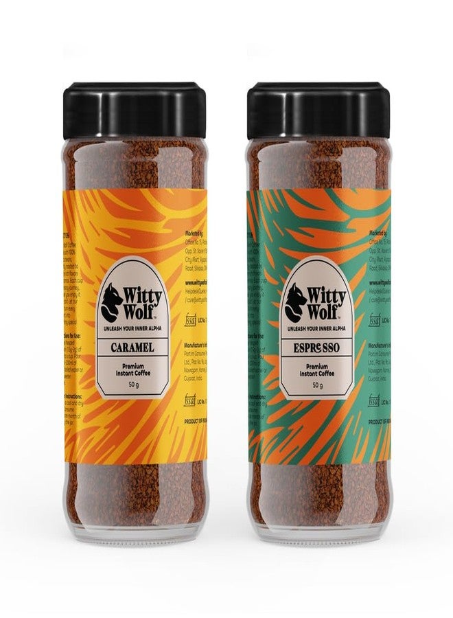 Witty Wolf Premium Caramel & Espresso Instant Flavored Coffee Combo (50gm + 50gm) | Espresso, Latte & Cappuccino | Hot & Cold Coffee (Pack of 2) - Image 1