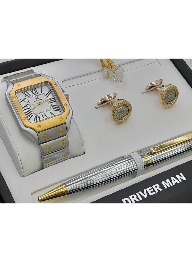 DRIVERMAN Driver Man men's watch set with a luxury box. Consisting of a watch, pen, cufflinks, and rosary.