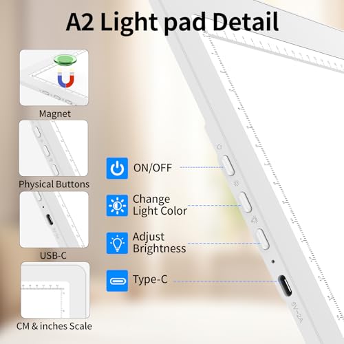TOHETO A2 Light Pad 25.2''x18.4'', Large Magnetic LED Light Board for Diamond Painting, 3-Color Modes Light Box for Tracing, 6-Level & Stepless Dimmerable Diamond Art Light Table for Drawing,Sketching - Image 5