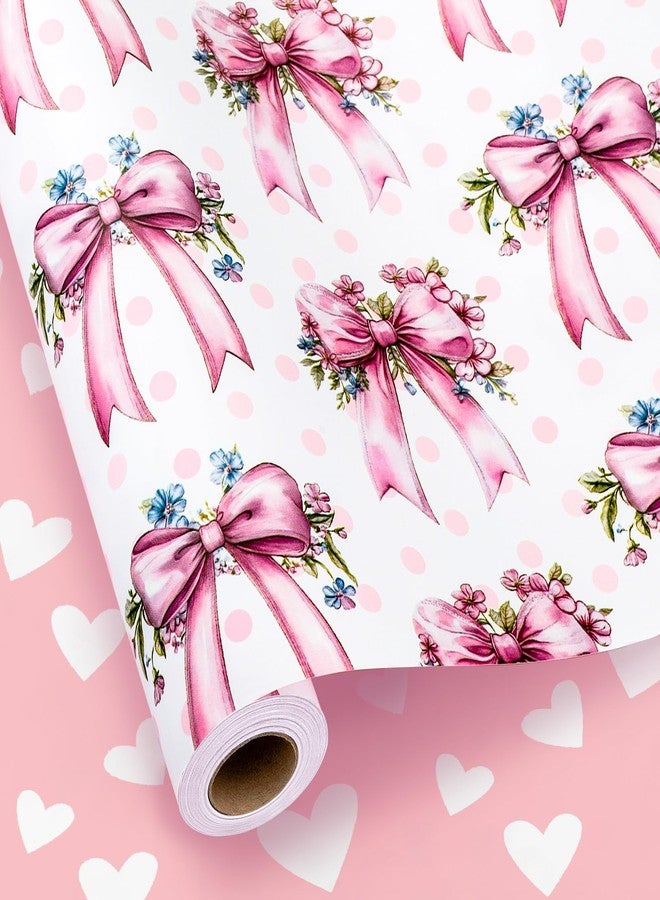 MAYPLUSS Pink Bow Wrapping Paper Roll, Girl Birthday Wrapping Paper, Reversible Girly Feminine Pink Gift Wrap with Bow Print for Baby Shower, Christmas, Valentine's Day, Mother's Day (17 In X 33 Ft) - Image 1