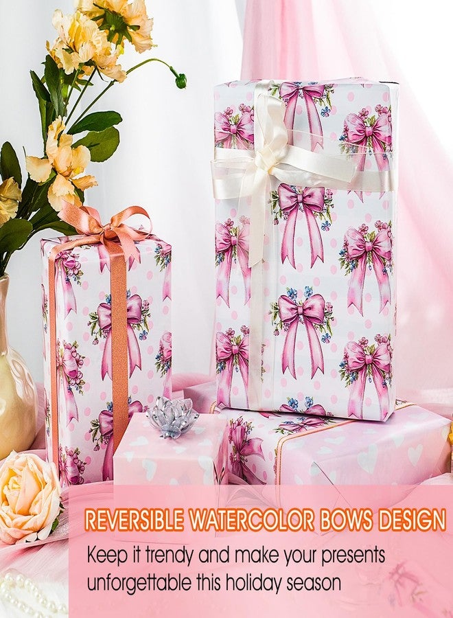 MAYPLUSS Pink Bow Wrapping Paper Roll, Girl Birthday Wrapping Paper, Reversible Girly Feminine Pink Gift Wrap with Bow Print for Baby Shower, Christmas, Valentine's Day, Mother's Day (17 In X 33 Ft) - Image 3