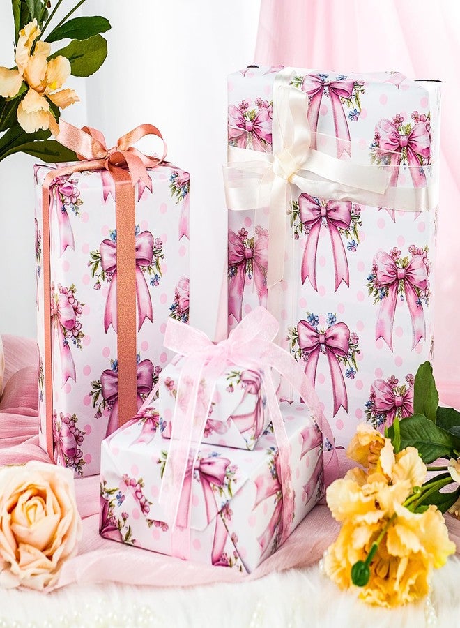MAYPLUSS Pink Bow Wrapping Paper Roll, Girl Birthday Wrapping Paper, Reversible Girly Feminine Pink Gift Wrap with Bow Print for Baby Shower, Christmas, Valentine's Day, Mother's Day (17 In X 33 Ft) - Image 2