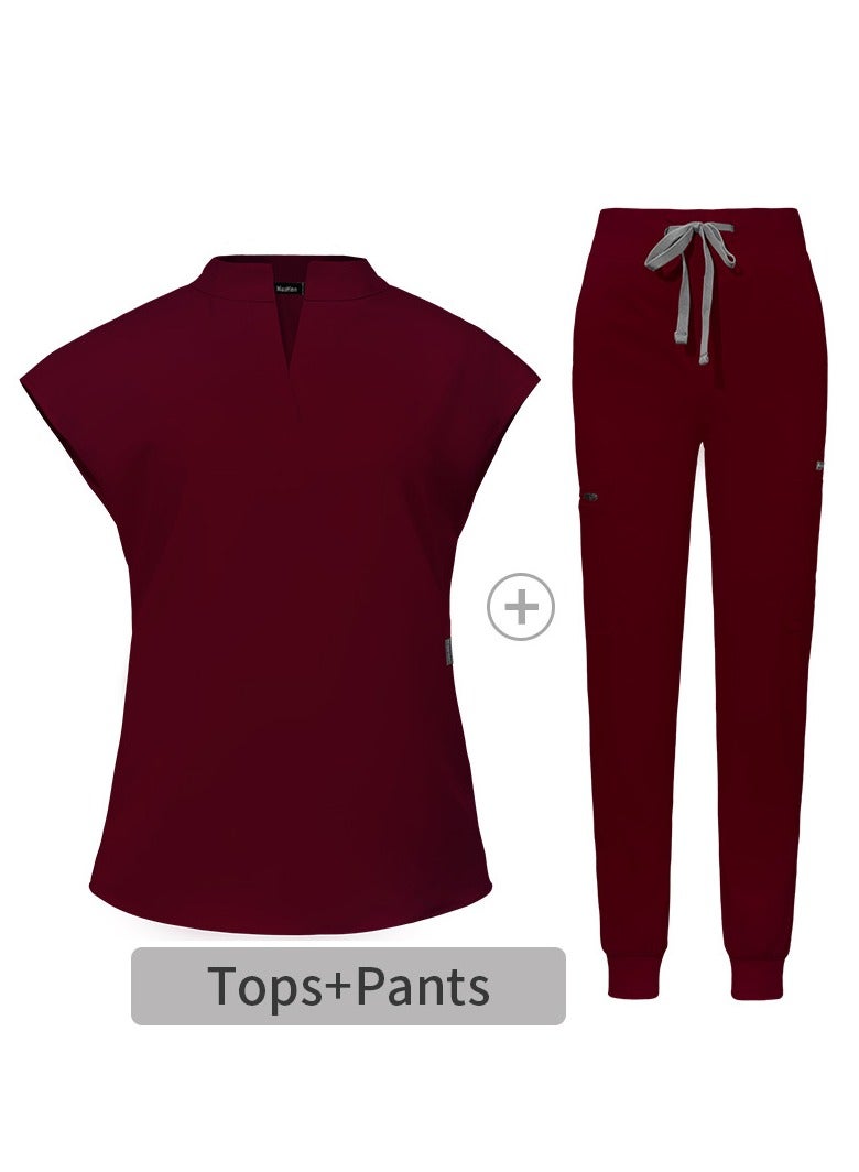 Loquat Womens Medical Uniform Scrubs 2 Piece Set V-Neck Top and Elastic Waist Jogger Pants Suit Wine Red