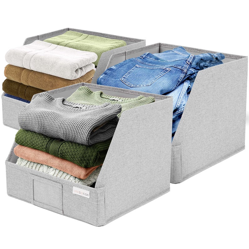 VIVIDECOR Trapezoid Closet Bins for Shelves â€“ 12x12x10 Fabric Storage Baskets, Closet Organizers Bins, Open Front Fabric Baskets, Collapsible Organizer Boxes for Clothes, Linen â€“ Light Gray, 3 Pack - Image 1