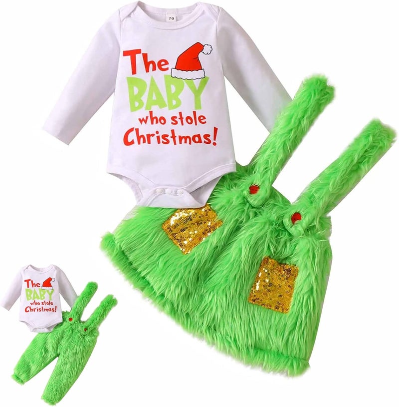 cheekyglo Christmas Baby Bodysuit Plush Overalls Set for Baby, Cute Print Crew Neck Romper Furry Suspender Pants Clothes Set - Image 1