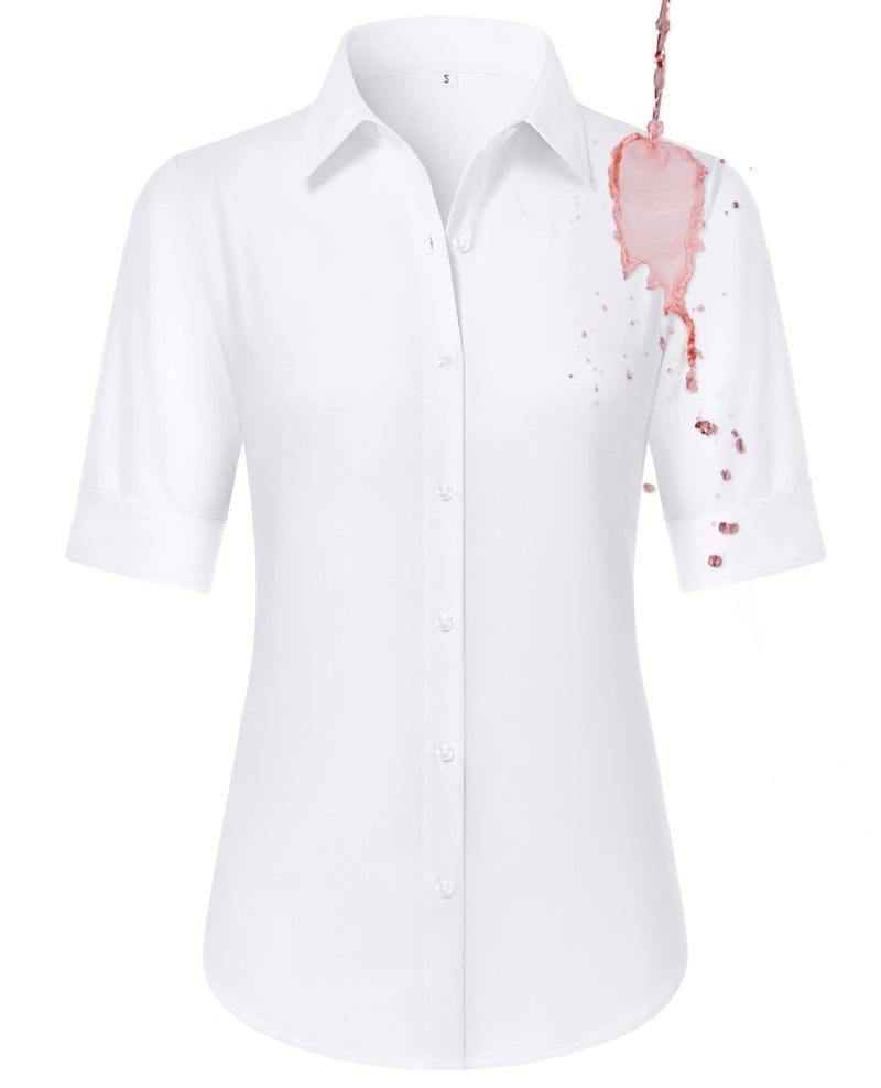 Gleeivy White Button Down Shirt Women Short Sleeve Button Up Collared Fitted Dress Blouses Tailored Strethy Wrinkle Free No Iron Uniform Work Formal Professional Office Business Casual Tops - Image 1