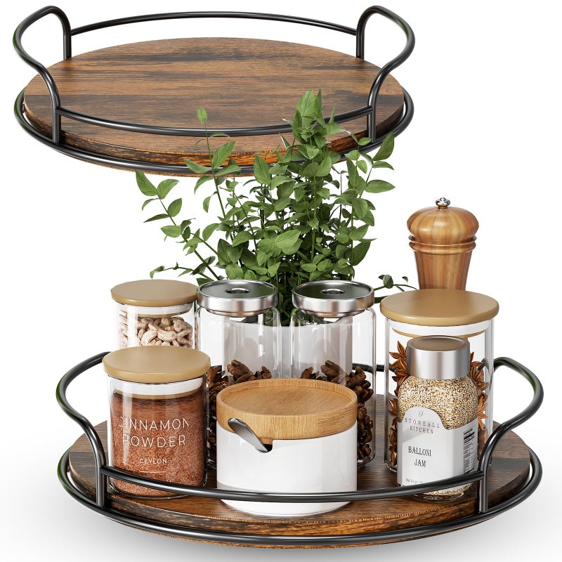LAMU 2 Pack 9'' 10'' Lazy Susan Turntable Organizer for Table Top Cabinet, Wooden Lazy Susan for Kitchen, Pantry, Countertop, Bathroom Vanity, Spice Organization, Wood Decor - Image 1