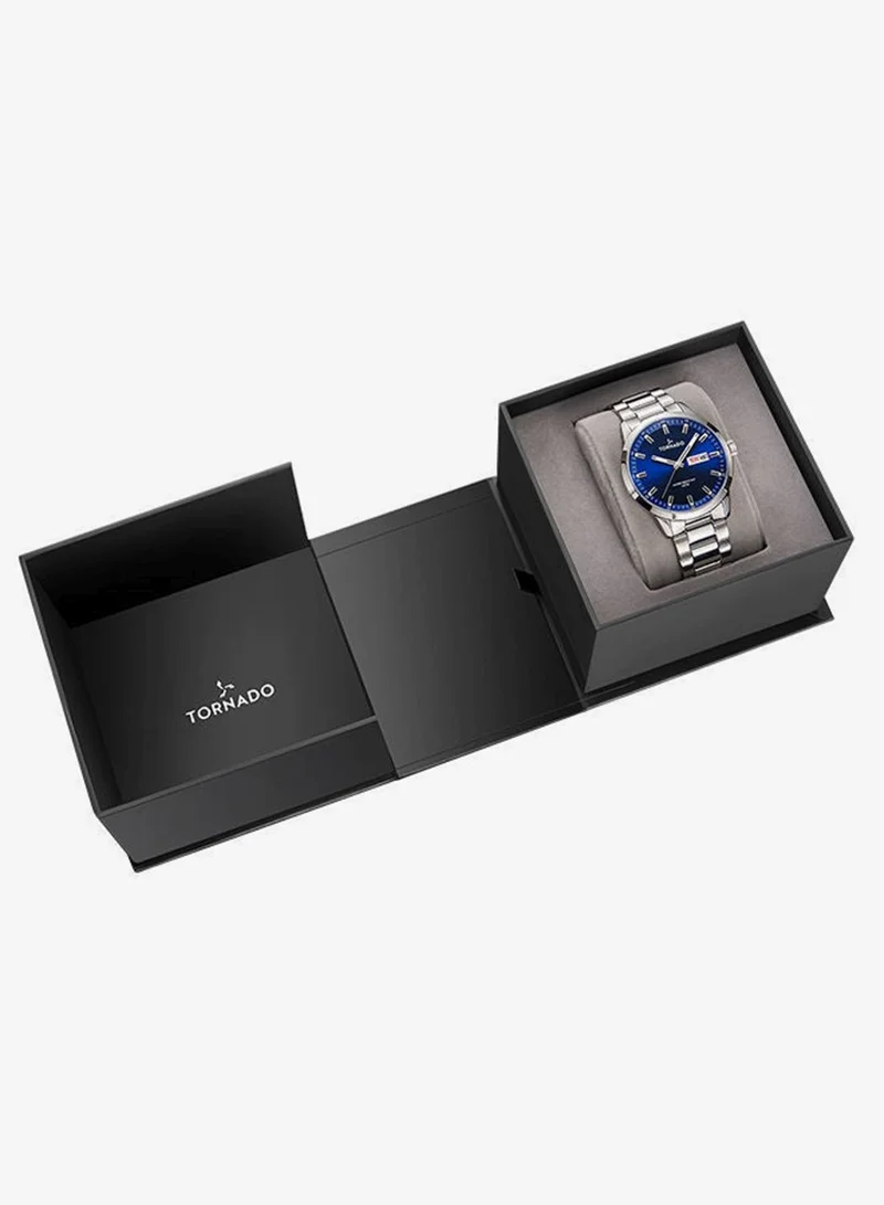 Tornado Deep Blue Sunburst Dial Men's  Solid Stainless Steel,Brushed Outer Links, Polished Center Links 3H with day-date Display Watch T23001-SBSN - 43mm mm for Men | Best Price UAE