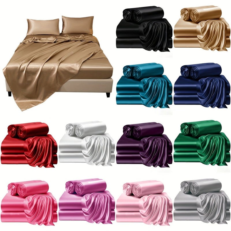 4pcs Burgundy Satin Fitted Sheet Set Soft No Pilling Machine Washable Bedroom All Season - Image 1