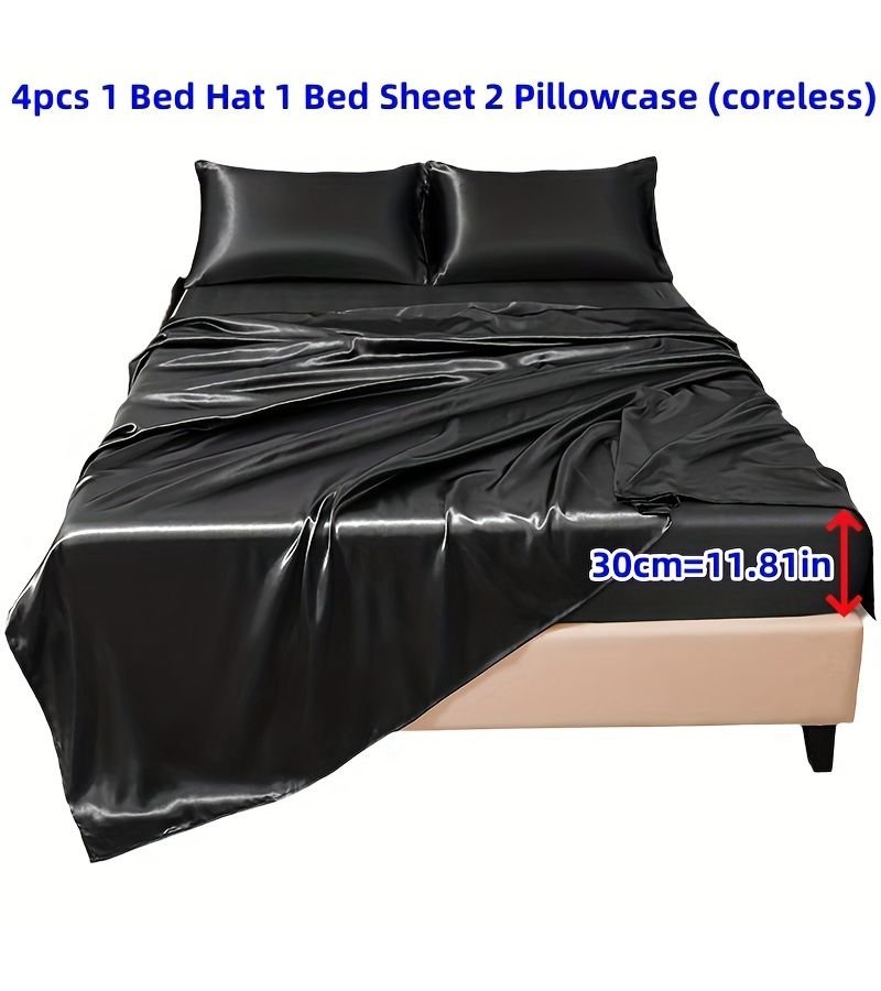 4pcs Burgundy Satin Fitted Sheet Set Soft No Pilling Machine Washable Bedroom All Season - Image 2