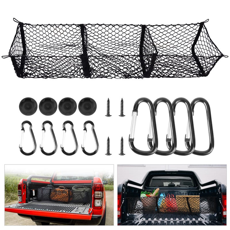 Kaishengyuan Truck Bed Cargo Net with Detachable 3 Pocket, 59â€œ Long Pickup Trunk Mesh Organizers & Elastic Storage for Tacoma Ford Chevy Silverado GMC etc,Grocery Holder Trunk Net with 8 Carabiners Accessories - Image 1