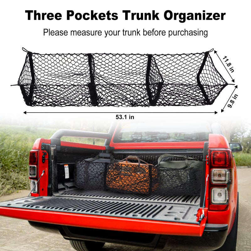 Kaishengyuan Truck Bed Cargo Net with Detachable 3 Pocket, 59â€œ Long Pickup Trunk Mesh Organizers & Elastic Storage for Tacoma Ford Chevy Silverado GMC etc,Grocery Holder Trunk Net with 8 Carabiners Accessories - Image 3