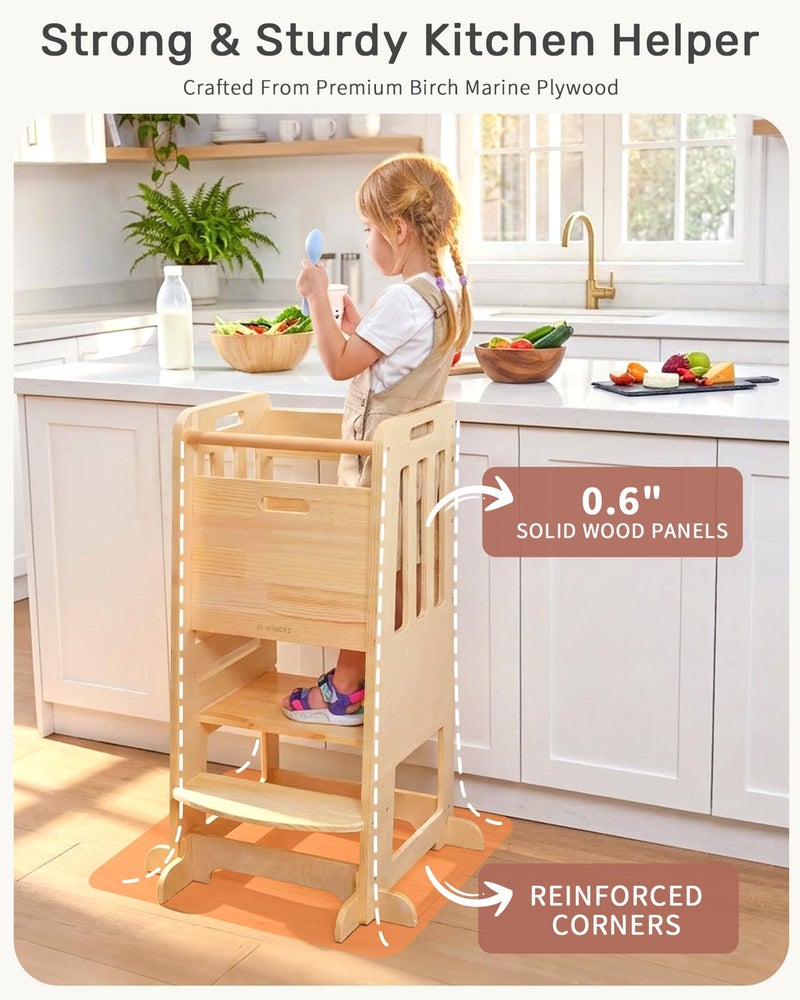 WINGYZ Toddler Tower - Anti-Tip Natural Wood Learning Stool for Kids 18M-6Y, 150lb Capacity Kitchen Helper Stool with 3-Height Adjustable Platform and Sliding Door Access, 20lb Portable Design, Wood - Image 4