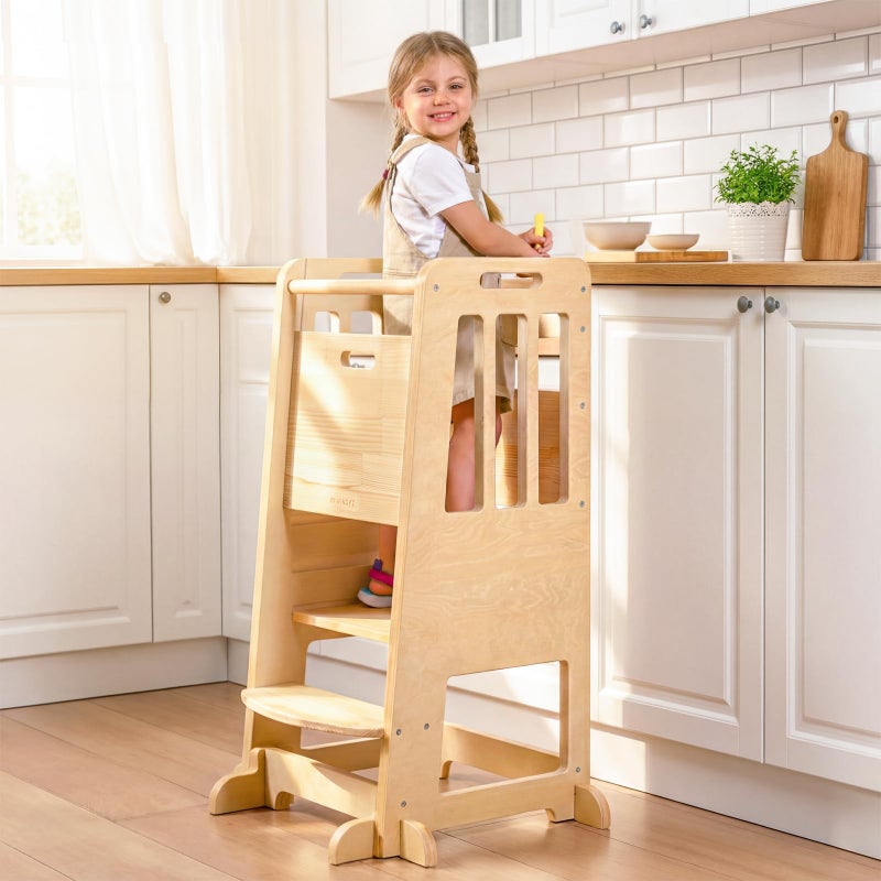WINGYZ Toddler Tower - Anti-Tip Natural Wood Learning Stool for Kids 18M-6Y, 150lb Capacity Kitchen Helper Stool with 3-Height Adjustable Platform and Sliding Door Access, 20lb Portable Design, Wood - Image 1