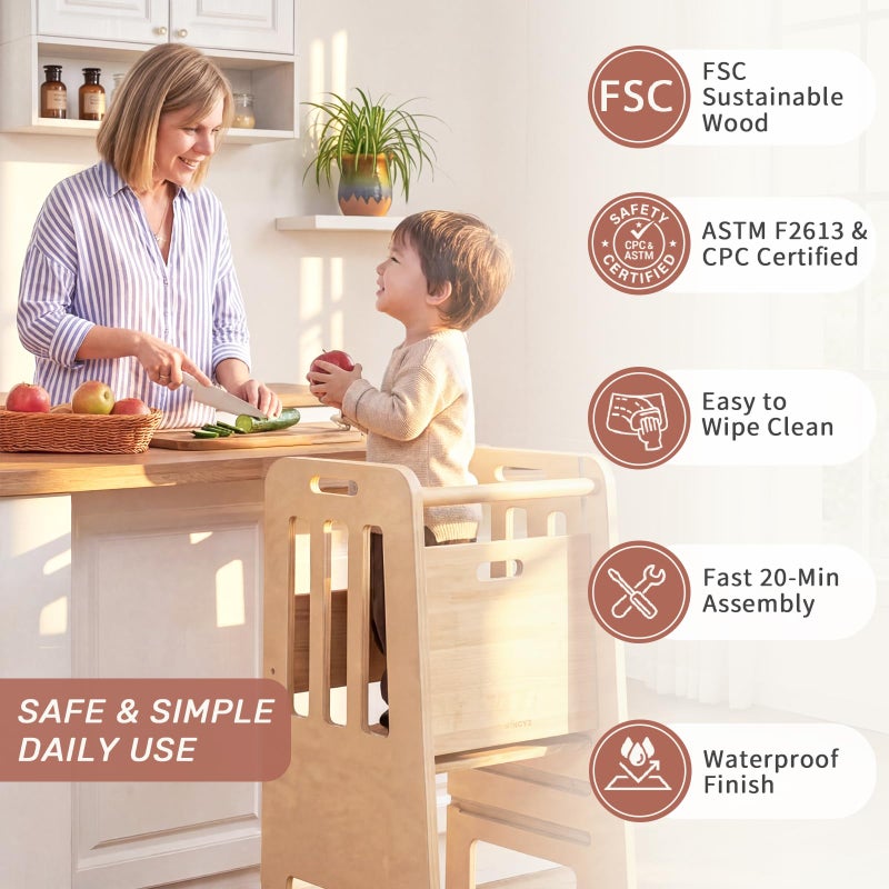 WINGYZ Toddler Tower - Anti-Tip Natural Wood Learning Stool for Kids 18M-6Y, 150lb Capacity Kitchen Helper Stool with 3-Height Adjustable Platform and Sliding Door Access, 20lb Portable Design, Wood - Image 5