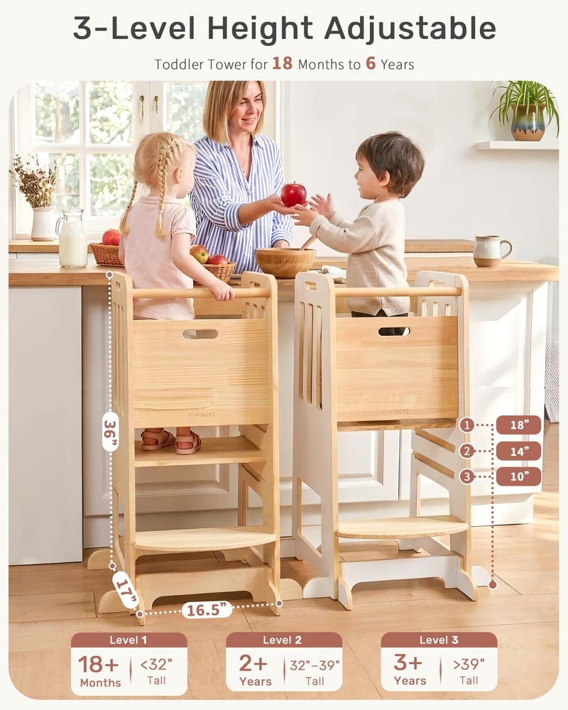 WINGYZ Toddler Tower - Anti-Tip Natural Wood Learning Stool for Kids 18M-6Y, 150lb Capacity Kitchen Helper Stool with 3-Height Adjustable Platform and Sliding Door Access, 20lb Portable Design, Wood - Image 2