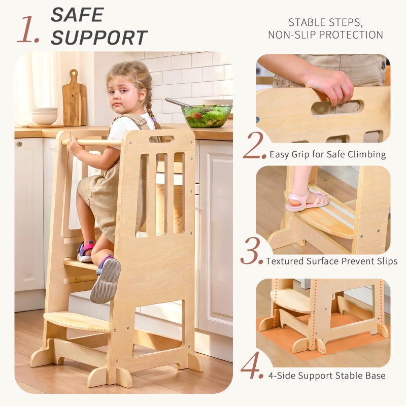 WINGYZ Toddler Tower - Anti-Tip Natural Wood Learning Stool for Kids 18M-6Y, 150lb Capacity Kitchen Helper Stool with 3-Height Adjustable Platform and Sliding Door Access, 20lb Portable Design, Wood - Image 3