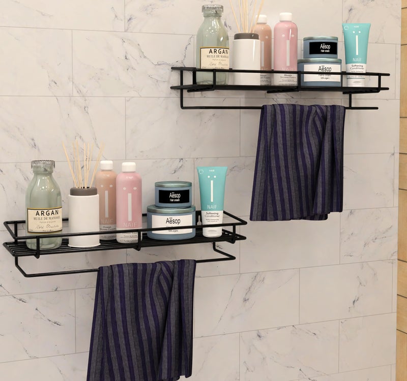 MOTIQO Stainless Steel Multipurpose Bathroom Shelf,Rack with Towel Rod,Bathroom Accessories,Kitchen Rack Wall Mount (Black) Pack-2 - Image 1
