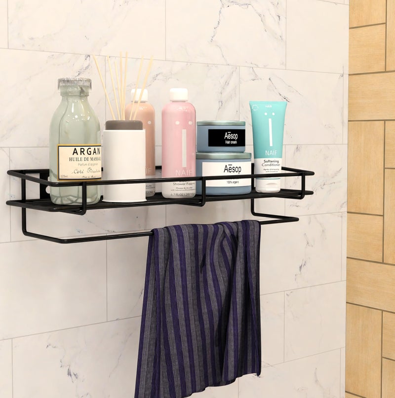 MOTIQO Stainless Steel Multipurpose Bathroom Shelf,Rack with Towel Rod,Bathroom Accessories,Kitchen Rack Wall Mount (Black) Pack-2 - Image 2