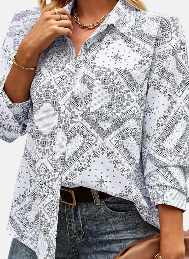 يونيكي Grey Shirt Collar Printed Top