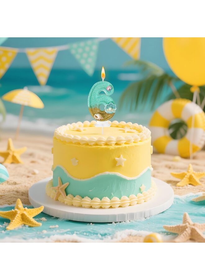 LAMAY Birthday Candle Blue Beach Design with Shell and Pearl Decorations, Perfect Ocean-Themed Cake Decoration for Girls Mermaid Parties and Anniversaries (Number 6) - Image 4