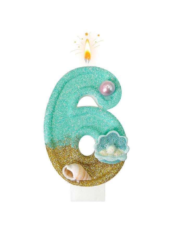 LAMAY Birthday Candle Blue Beach Design with Shell and Pearl Decorations, Perfect Ocean-Themed Cake Decoration for Girls Mermaid Parties and Anniversaries (Number 6) - Image 1