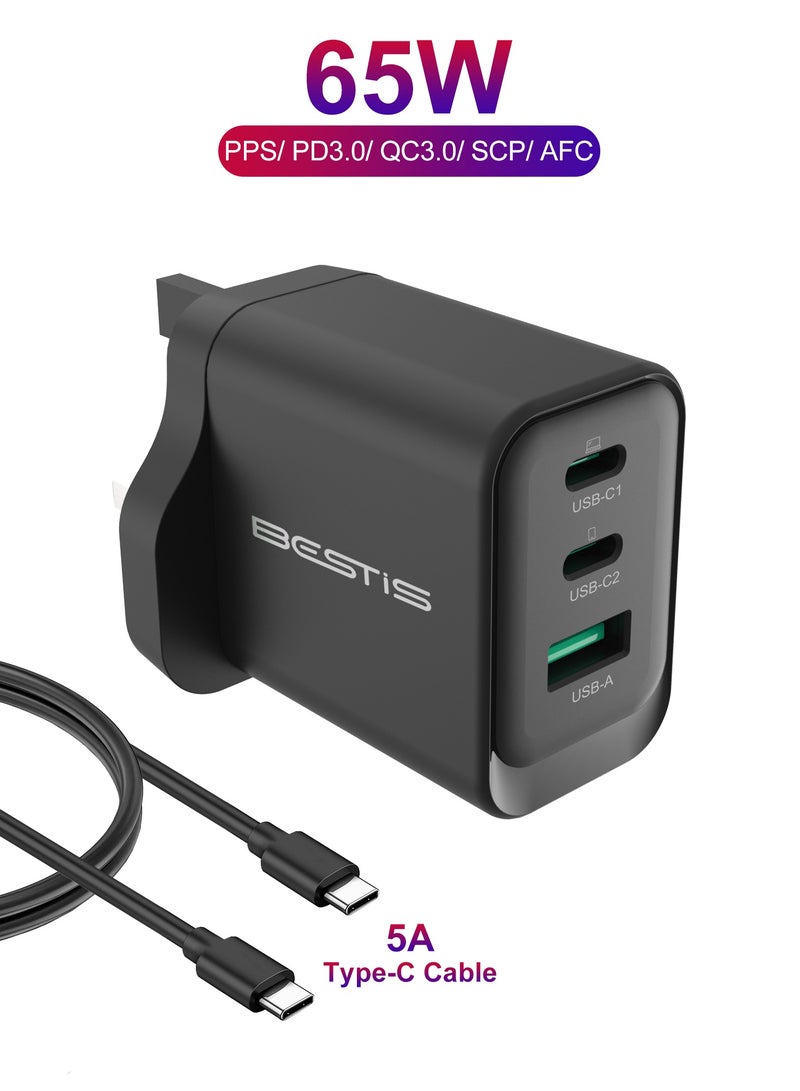 بيستيس  شاحن جداري 65W مع 3 منافذ (2 USB-C و 1 USB-A) شحن سريع GaN مع سلك Type-C مزدوج مجانًا، متوافق مع iPhone 16/15 Pro و MacBook Pro/Air - Image 1