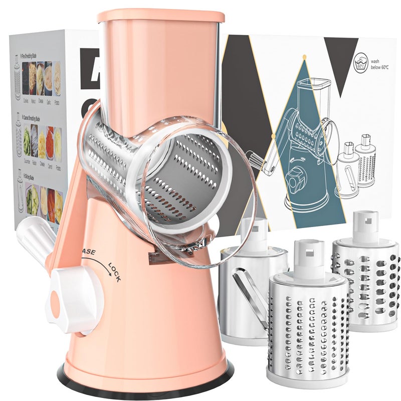Cambom Rotary Cheese Grater Hand Crank Cheese Shredder for Fresh Cheese Vegetable NutsNonslip Suction Base Free Cleaning Brush Three Blades Pink