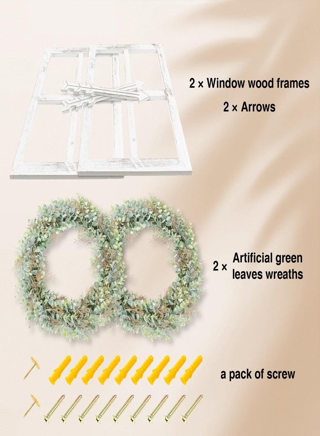 WAKOSAN Rustic Wood Window Frame with Green Wreath and Arrows Wall Decor, Farmhouse Wooden Fake Window Decoration for Bedroom Living Room,Set of 2 (Large White) - Image 3